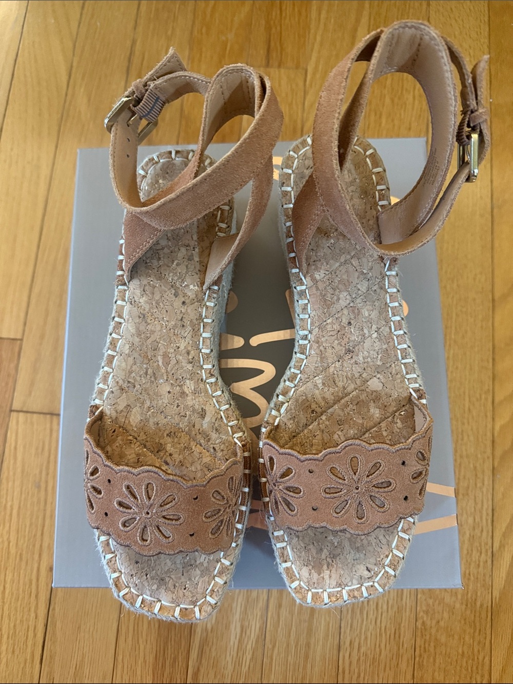Crown Vintage Tan Suede Laser-Cut Espadrille Wedge Sandals - Picture 3 of 7